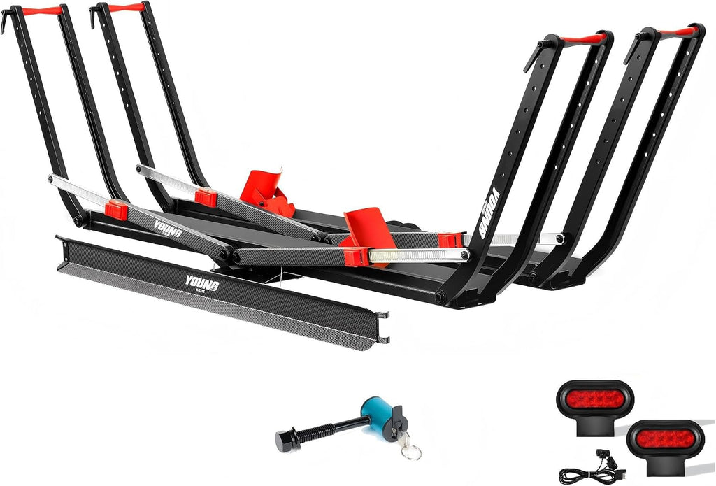 Young Ebike Rack & Brake Light Bundle, 2-Bike Hitch Mount Platform with Ramp, Fits Fat Tire up to 5', Foldable Carrier for Car SUV Truck RV, Waterproof LED Tail Light Kit, FMVSS108 Certified