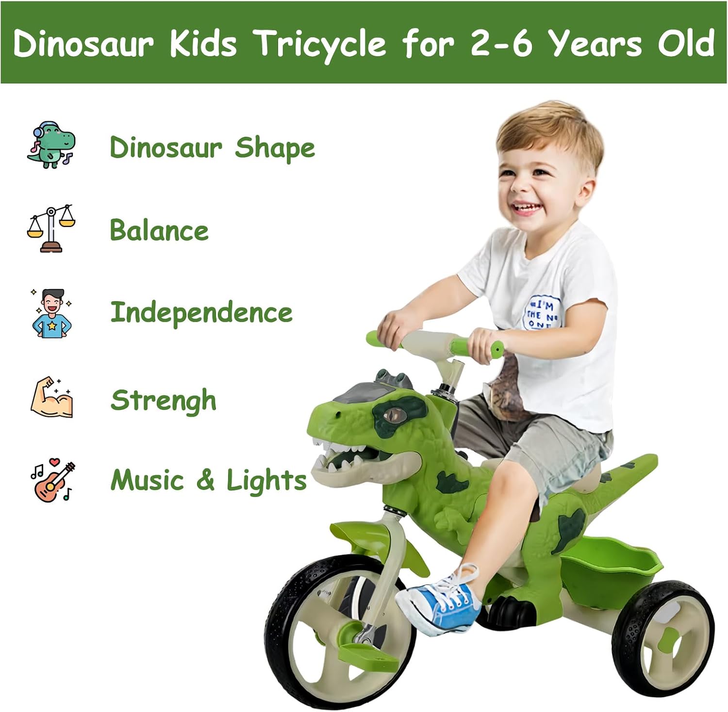 Dinosaur Kids Tricycle for 2-6 Year Olds, Kids Trike Big Wheel with Rubber Wheels, Storage Basket, Music Lights, Indoor Outdoor Preschool Kids Bike, Birthday Gift for Girls & Boys