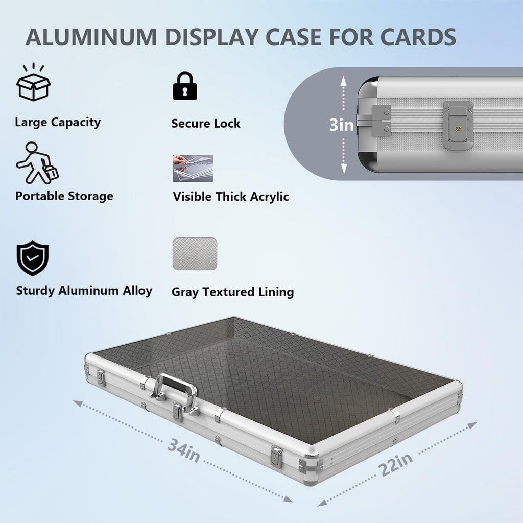 Card Display Case Large Aluminum 34' L x 22' W, Lockable Trading Card Case with Handle, 3' H Portable Trade Show Display Case for Sports Card/TCG/Jewelry Collection, Silver