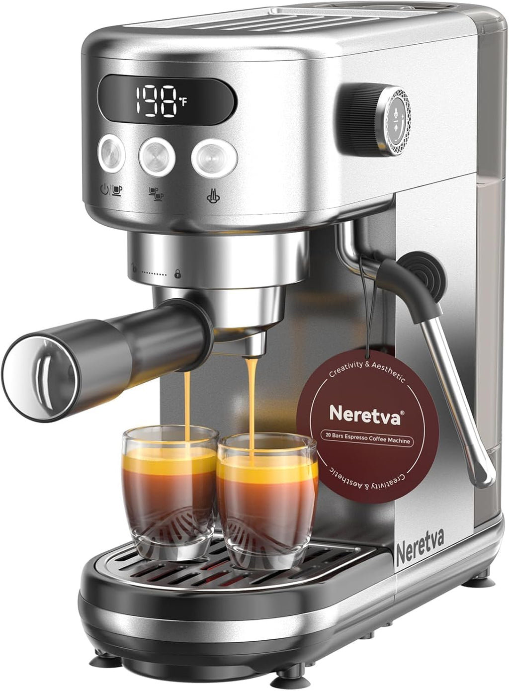 Neretva Espresso Machine 20 Bar, Super Compact Espresso Maker Stainless Steel Professional Coffee Machine Espresso with Power Steam & LED Display for Home Barista Latte and Cappuccino Maker-Silver