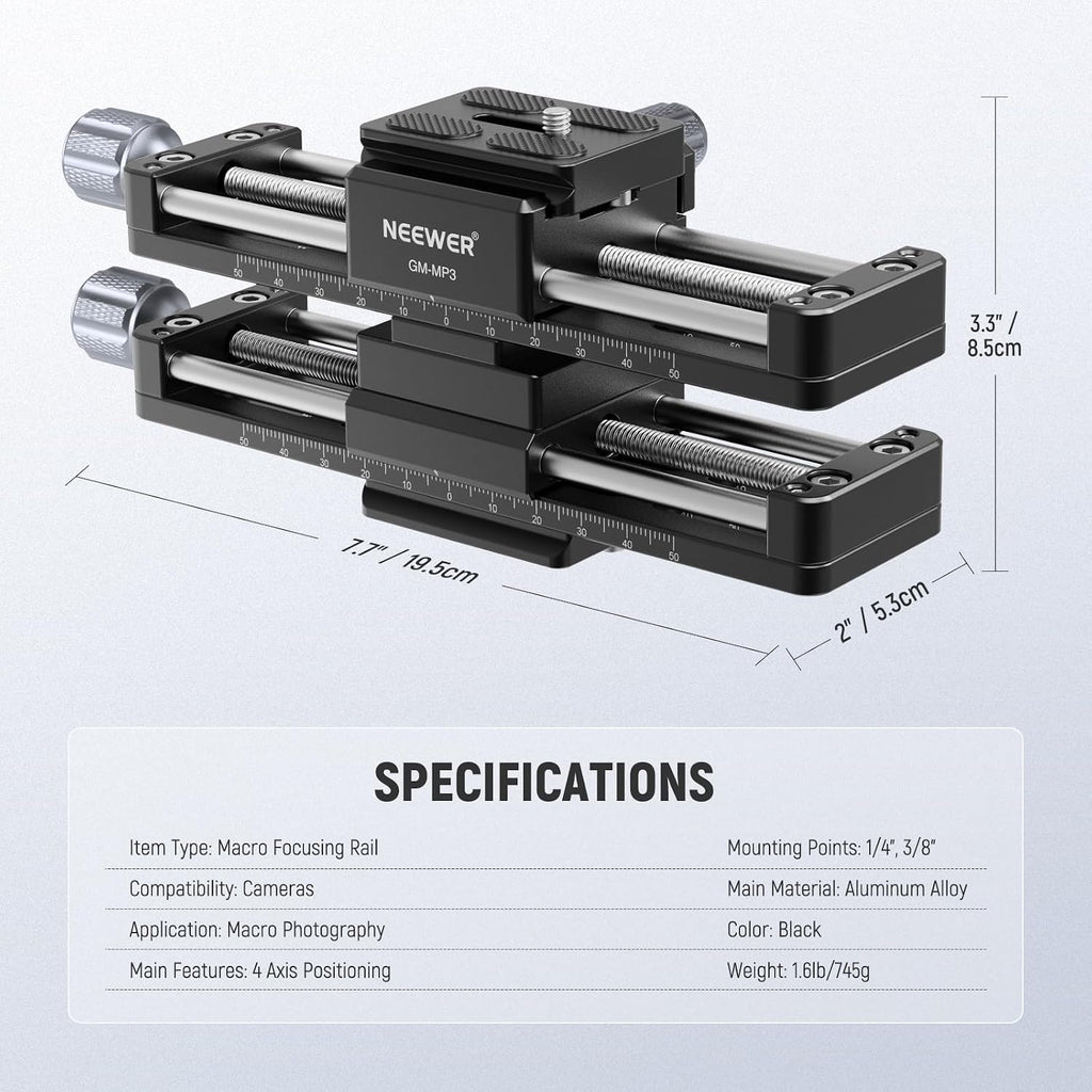 NEEWER Macro Rail Slider, 4 Axis 360° Rotating Aluminum Alloy Focusing Rail with Arca Type Quick Release Plate 1/4' Screw for Camera Camcorder Tripod Heads Macro Photography Closeups Filming, GM-MP3