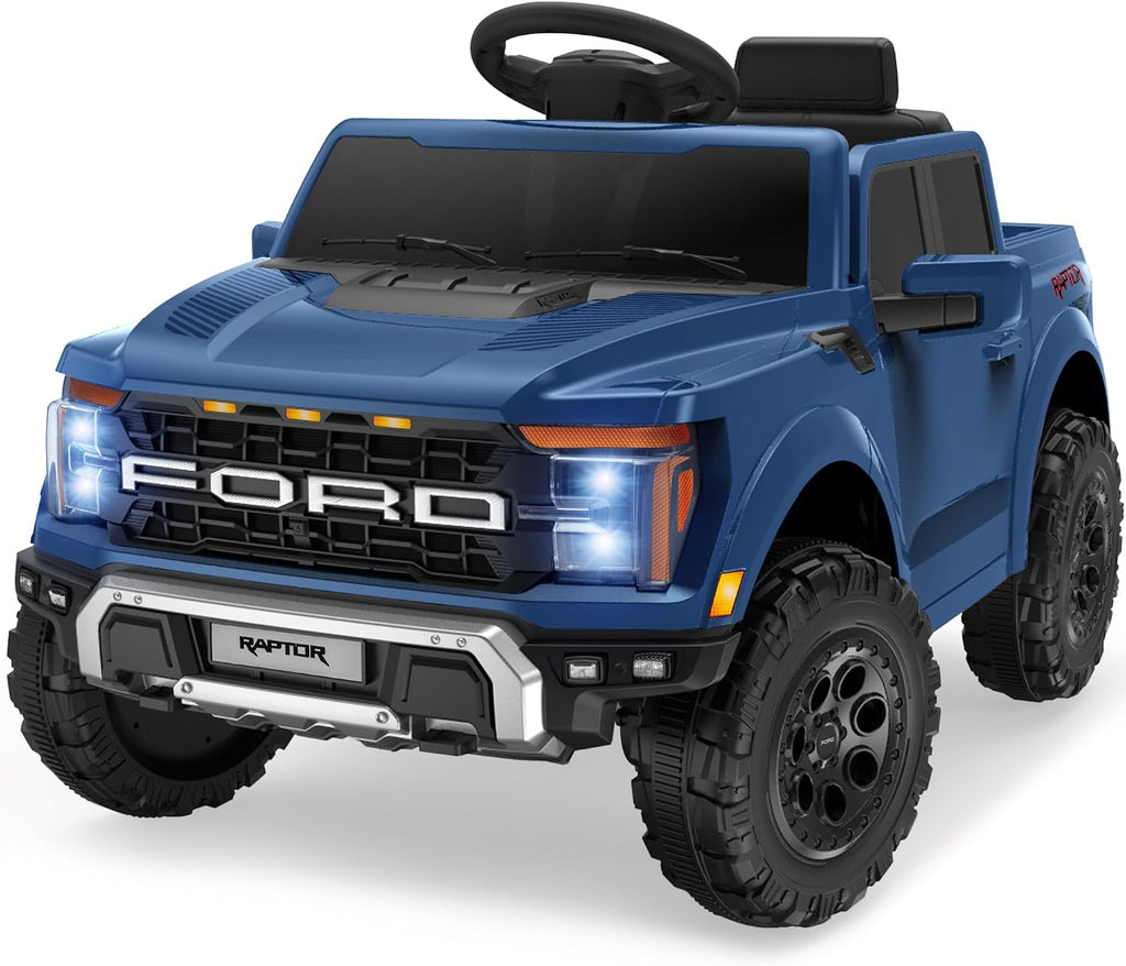 ENYOPRO 12V Licensed Ford F-150 Raptor Toddler Ride On Car w/Remote Control, Battery Powered Kids Electric Car w/LED Lights, Bluetooth, Soft Start, 4-Wheel Shock Absorber, Truck Bed Storage (Blue)
