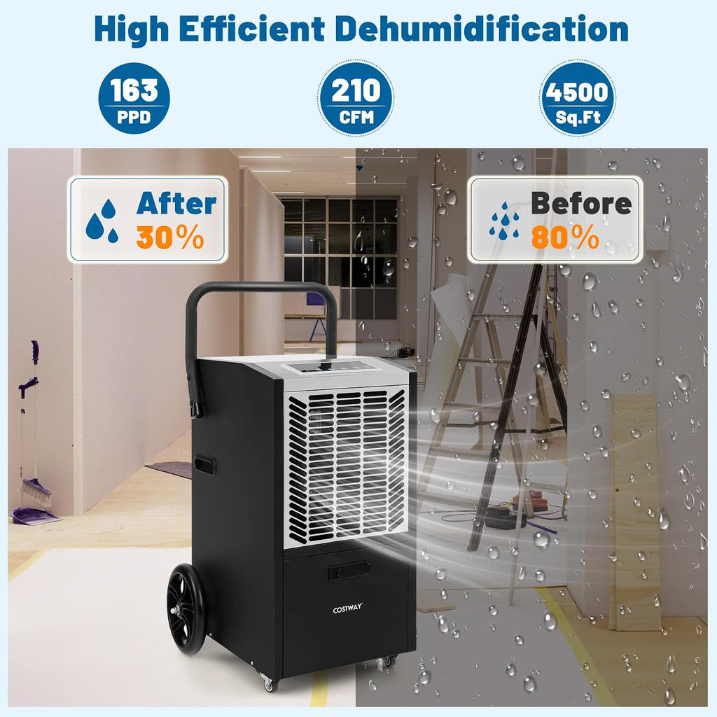 COSTWAY 163 Pints Commercial Dehumidifier, 4500 Sq.Ft Crawl Space Dehumidifier with Pump & Drain Hose, 24H Timer, for Basement, Warehouse, Job Site (White)