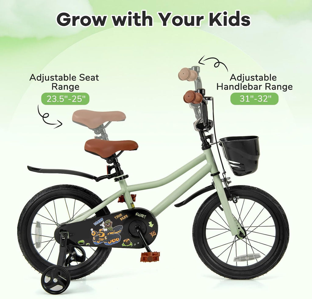 BABY JOY Kids Bike, 12' 14' 16' 18' Tank Bear DIY Children's Bicycle with Training Wheels, Storage Basket, Adjustable Handlebar & Seat, Handbrake & Coaster Brake, Girls Boys Bike