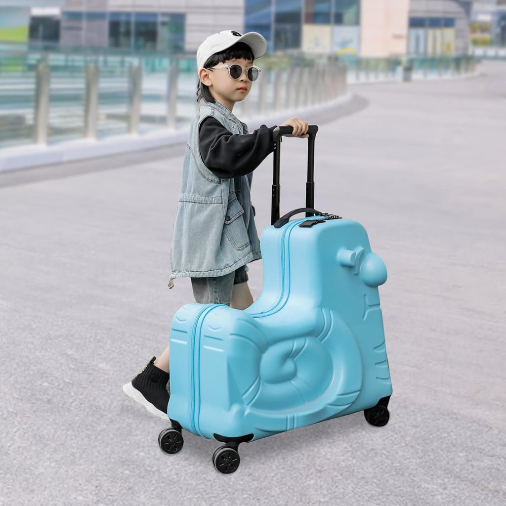Childrens Travel Suitcase, Hardside Ride on Kids Luggage with Seat and Safety Belt 20 Inch Carry On Luggage Kids with 4 Silent Wheel Combination Lock for Toddler Ages 3-6 Girls and Boys