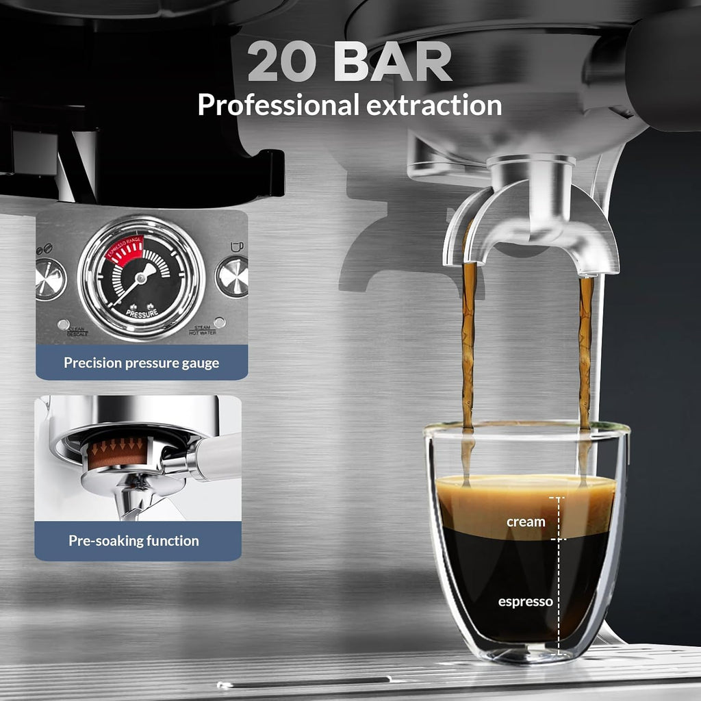 Semi-Automatic Espresso Machine, Dual Boiler 20 Bar Coffee Maker With Grinder 30 Size Setting, Expresso Coffee Machines With Steam Wand for Cappuccino Latte, 95 Oz Removable Water Tank