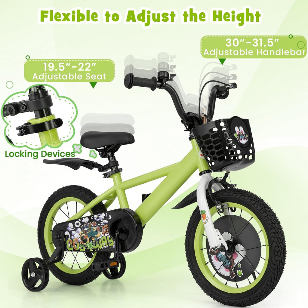 BABY JOY Rabbit Pilot Sporty Kids Bike, 12 14 16 18 Inch Child Bike for 3-8 Years Old with Adjustable Height, Training Wheels, Storage Basket, Handbrake & Coaster Brake, Kids Bicycle for Girls Boys