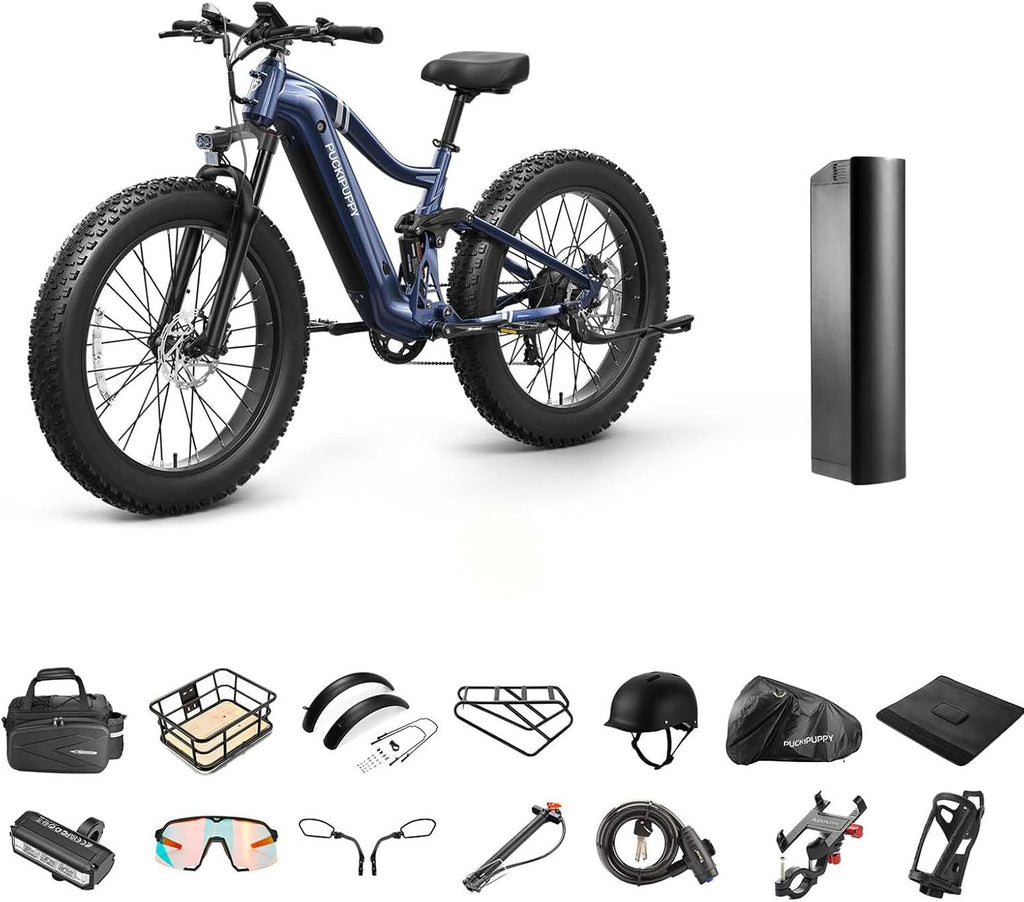 Battery+Luxury Gift Pack Boxer Electric Bike for Adults 960W, 48V 20AH Battery Ebike, Full Suspension 26' Fat Tire E Bike, 28MPH 80Miles Range Mountain Electric Bicycle, 7 Speed Hydraulic Disc Brakes