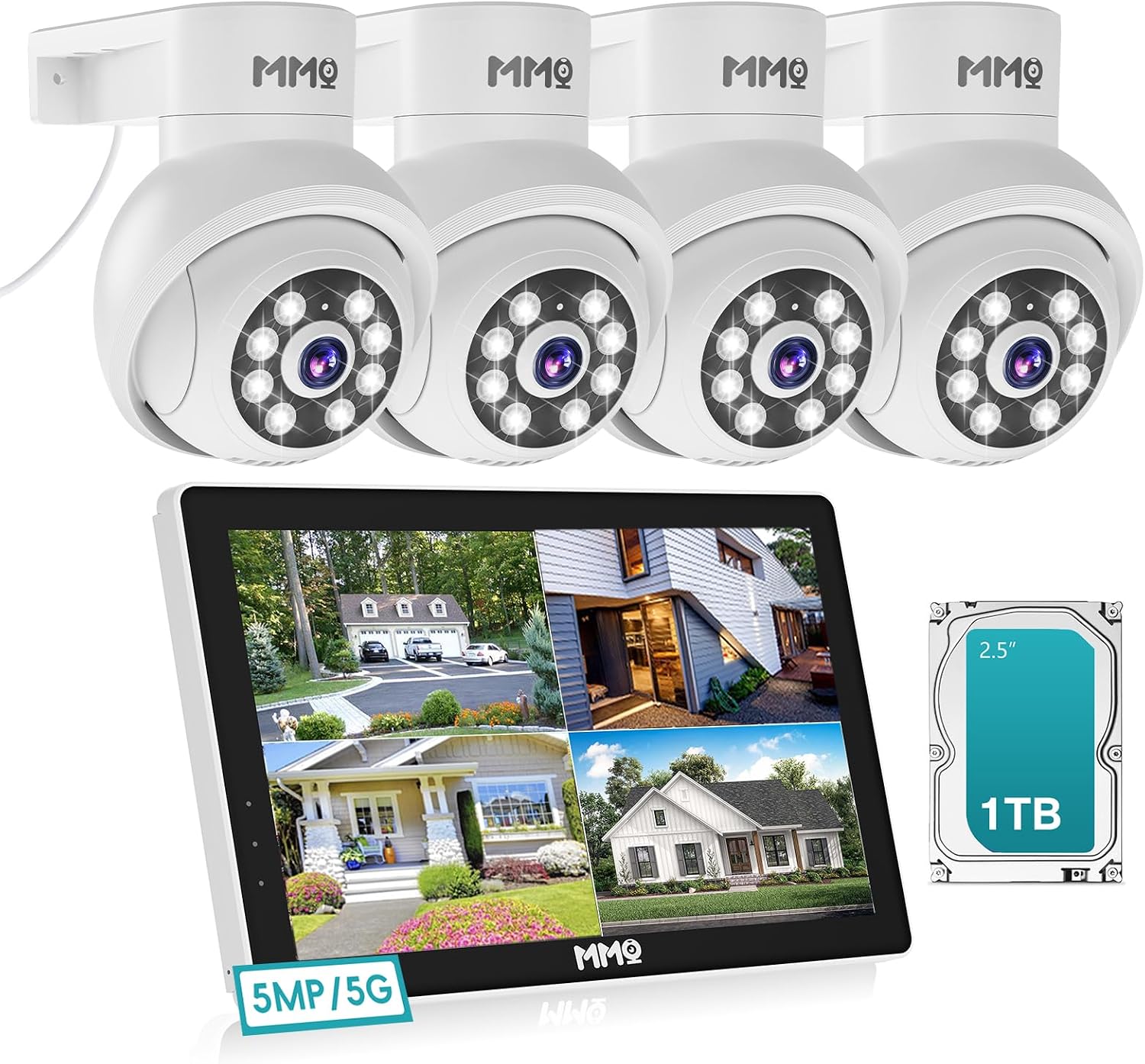 【Wireless Pro, 3K &10CH】5MP Security Cameras Wireless Outdoor with 10.1' LCD Monitor, 4PCS WiFi PTZ Security Cameras with 4K NVR for Home Surveillance,1TB HDD, Auto Track, 2-Way Audio,Motion Alert,5G