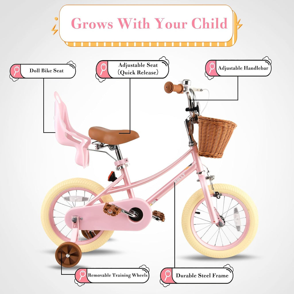 RULLY Donna Kids Bike for Girls Ages 2-7 Years, 12 14 16 Inch Princess Girls Bicycle with Doll Bike Seat, Training Wheels, Basket and Streamers, Kids Cycle Bikes, Multiple Colors | with Doll Bike Seat, Training Wheels, Basket, Streamers, Kids Cycle Bikes