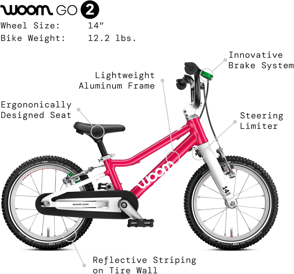 woom GO 2 Bicycle for Children 3 to 4.5 Years Old, 14-Inch Lightweight Bike with Handbrake, Steering Limiter & Chainguard for Boys & Girls
