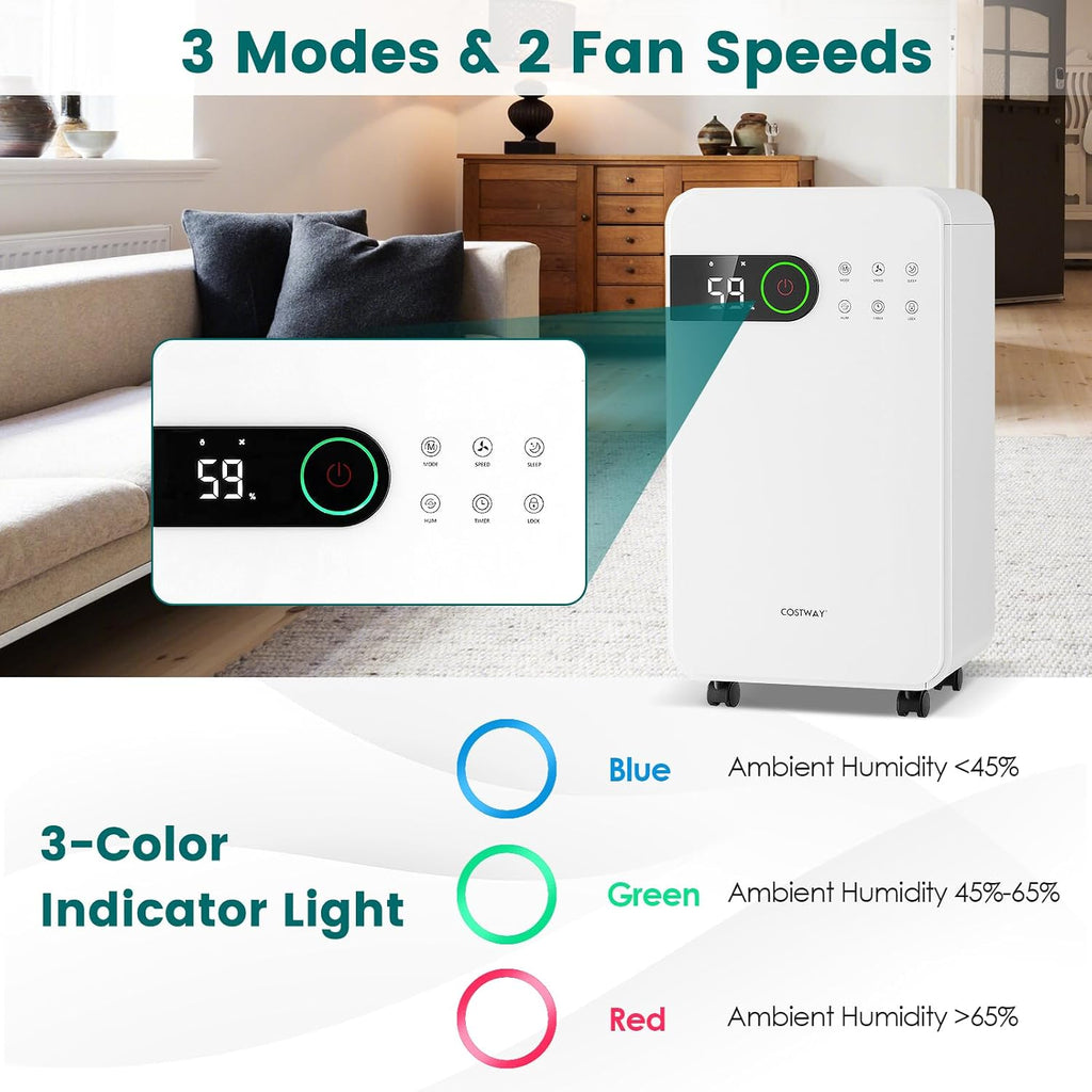 COSTWAY 2,500 Sq. Ft Dehumidifier for Basement, 32 Pints Home Dehumidifier with Wheels, Sleep Mode, 24H Timer, 3-Color LED Indicator Light & Child Safety Lock