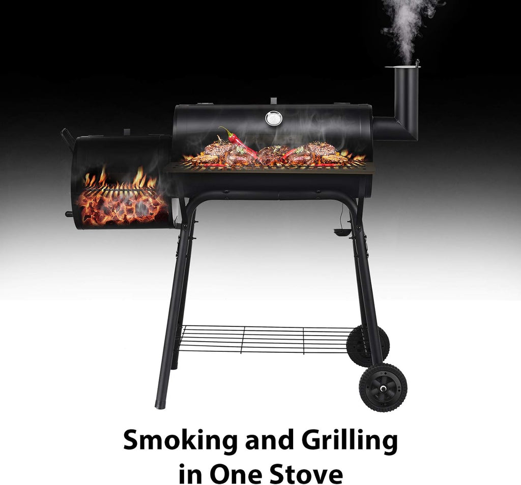 Giantex BBQ Charcoal Grill with Offset Smoker, Thermometer and Adjustable Damper, Meat Cooker Smoker for Backyard Family Gathering and Outdoor Picnic, 2 Moveable Wheels, 2 Shelves and Wooden Handles