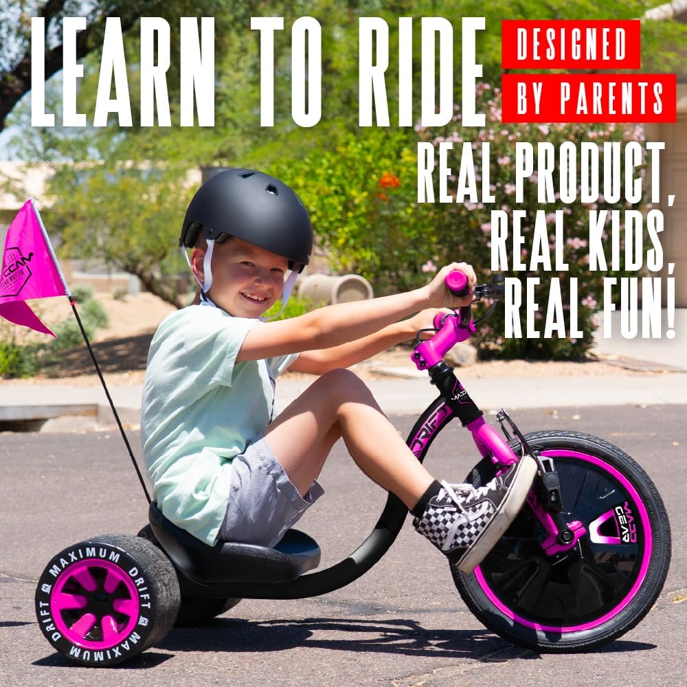 Drift Trike for Kids Ages 5+ – 16' Front Wheel Ride-On with Adjustable Seat, Steel Frame, Rear Slick Drift Wheels & Safety Flag – Madd Gear (Pink/Teal)
