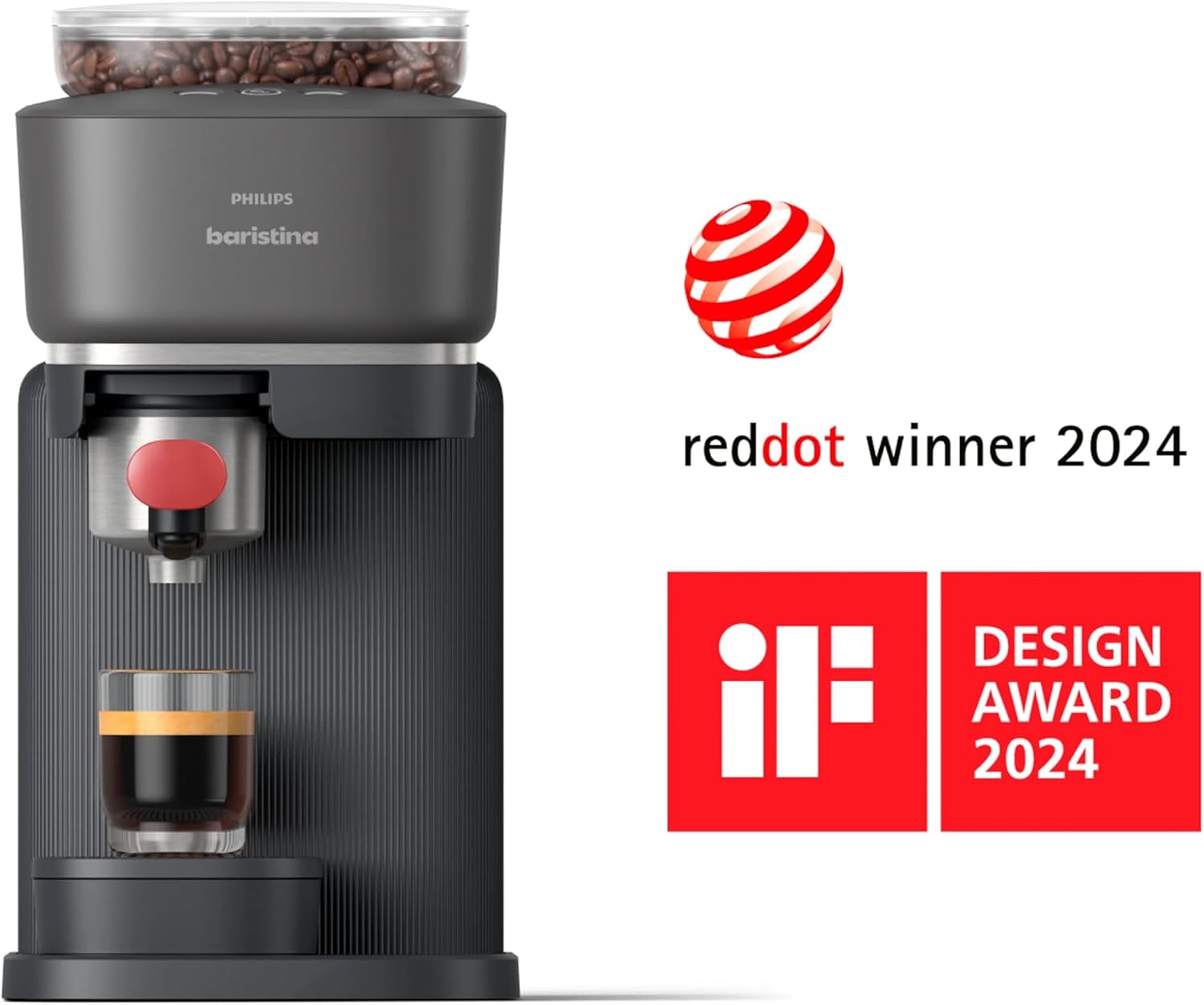 Philips Baristina Espresso Machine, Grind, Tamp & Brew Coffee Beans in One Swipe, Compact, 16 Bar Pump Pressure, Automatic Grinder, Black with Berry Red Portafilter (BAR301/60)