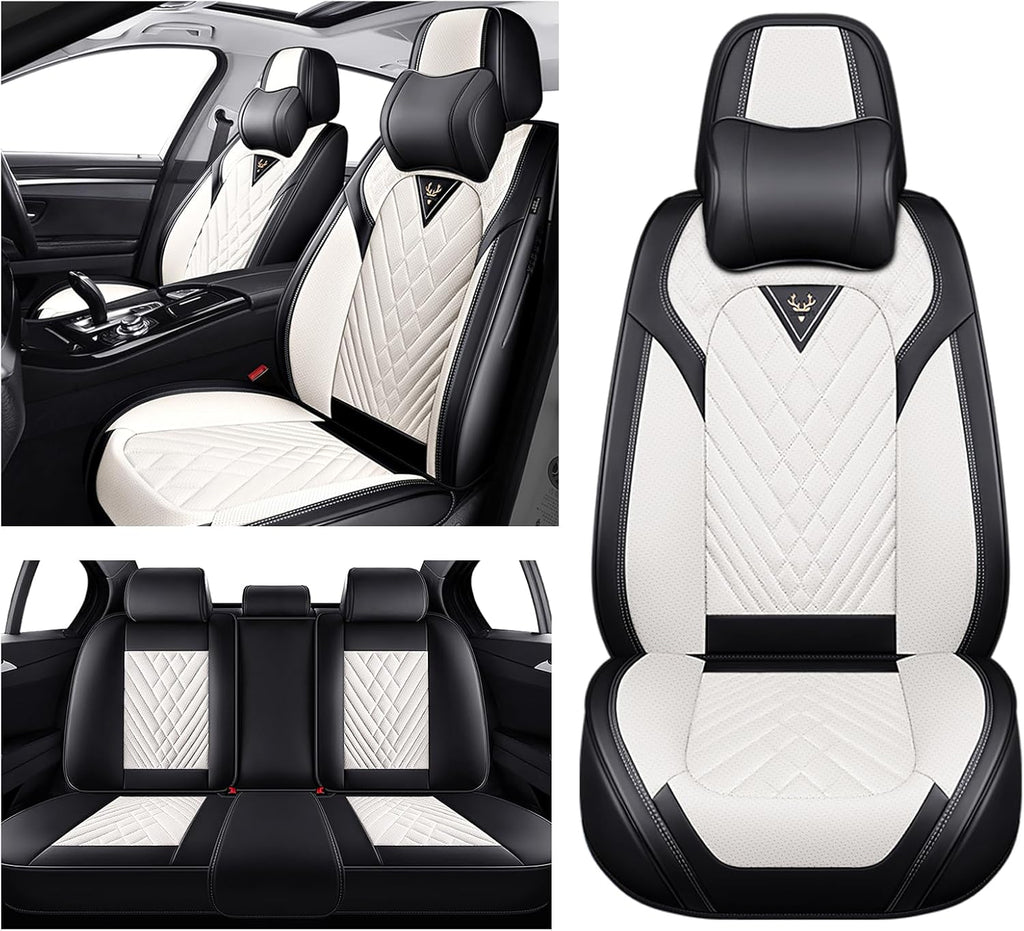 Car Seat Covers for Chevy Suburban 2000-2026, Waterproof Nappa Leather Full Set Seat Cover with Headrests, Anti-Slip and Comfortable Automotive Seat Protector&Accessories(Black White)