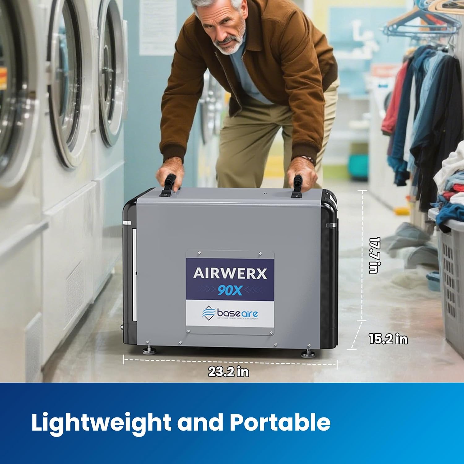BaseAire 198Pints Dehumidifier with Pump for Crawl Space Basement, 198 Pints Commercial Dehumidifier, Intelligent Humidity Control, Auto Shut off Restart, AirWerx90X