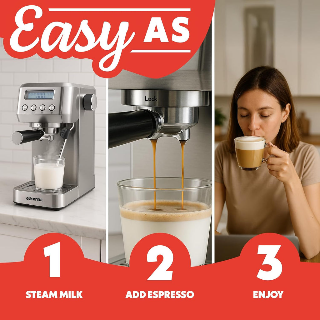 Gourmia Slim Espresso Machine with LCD Screen - Milk Frother, Adjustable Temperature, Manual & Auto Brew, Single/Double Shot, Hot Water Dispenser, Descaling Mode, Compact