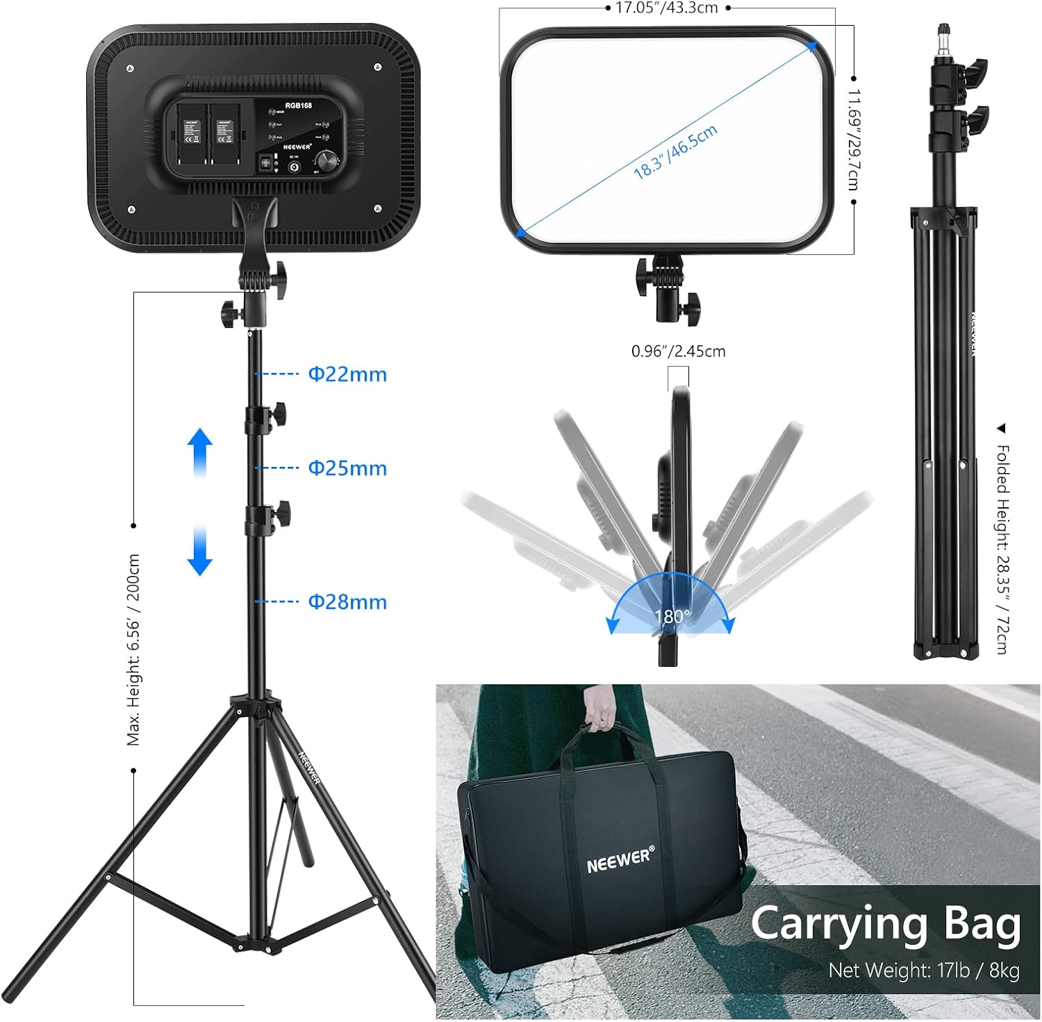 NEEWER RGB168 18.3' RGB LED Video Panel Light with App Control, Bluetooth, 2 Pack Tripod Stand Kit, 60W/360° Full Color/2500-8500K/CRI97+, Studio Photography/YouTube/Game Streaming