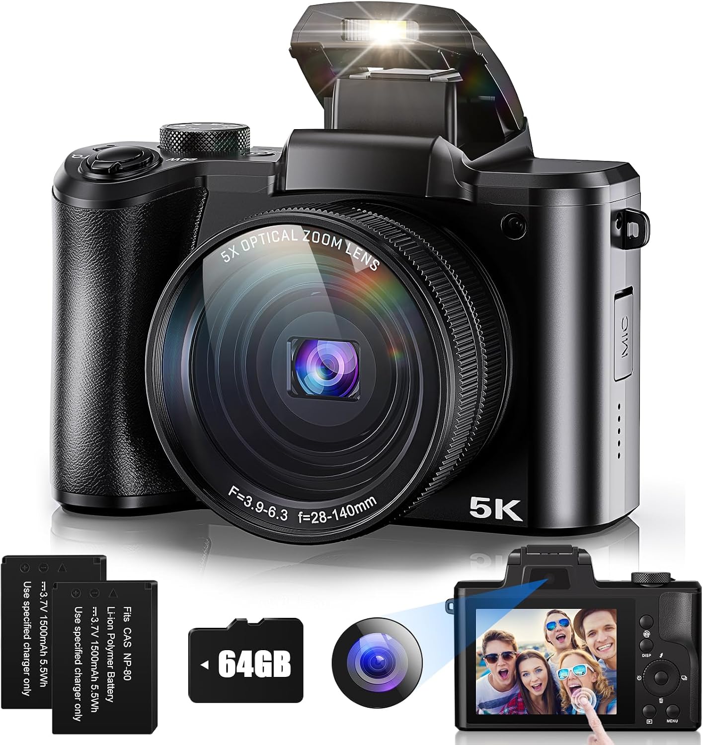 5K Digital Camera 64MP Cameras for Photography, 5X Optical Zoom Compact Travel Camera Front and Rear Dual Cameras Vlogging Camera for YouTube with 3.2' IPS Touchscreen, 64G TF Card, 2 Batteries