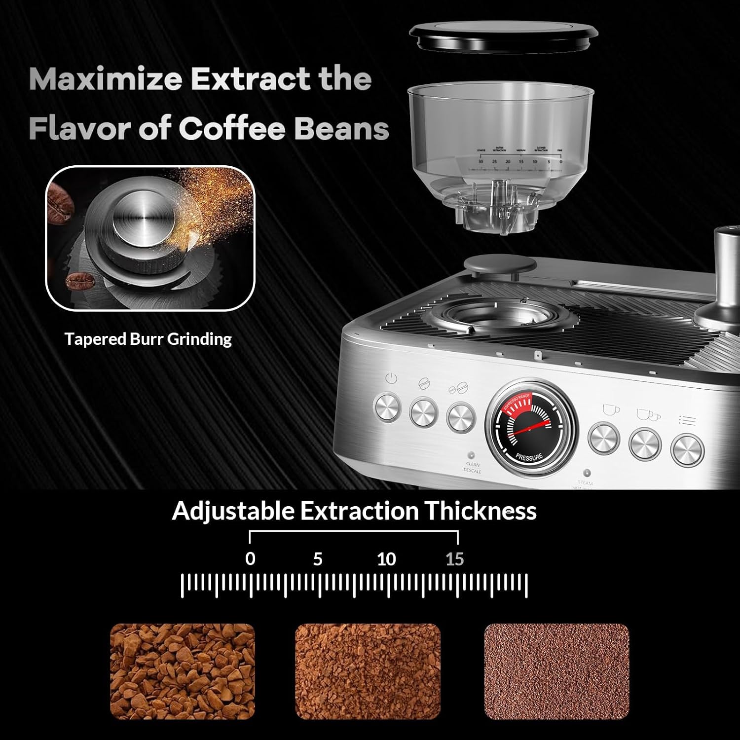 20 Bar Espresso Machine with Grinder & Milk Frother Steam Wand, 96 oz Removable Water Tank, Expresso Coffee Machines Commercial Espresso Maker for Home or Café, latte, Cappuccino - Stainless Steel