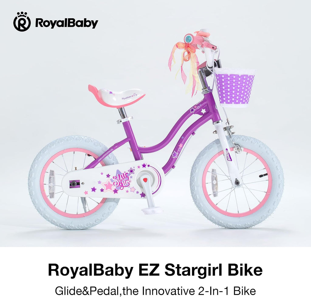 RoyalBaby Girls Bike, Stargirl EZ Kids Bike Balance and Pedal Bicycle with Basket and Dual Handbrake, 12 14 16 18 Inch Toddlers to Big Kids 3-8 Years, Multiple Colors