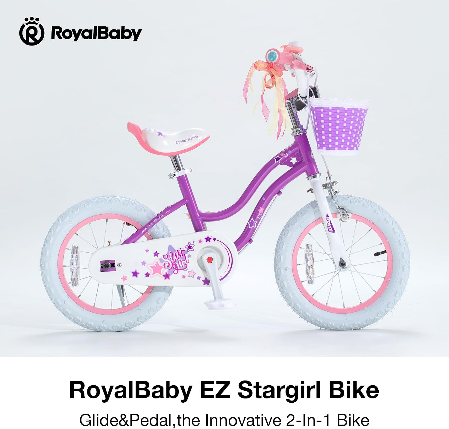 RoyalBaby Girls Bike, Stargirl EZ Kids Bike Balance and Pedal Bicycle with Basket and Dual Handbrake, 12 14 16 18 Inch Toddlers to Big Kids 3-8 Years, Multiple Colors