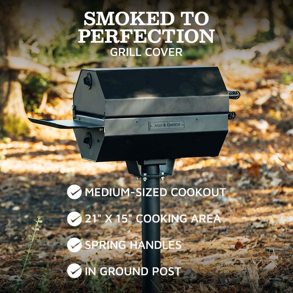 Ash & Ember Park-Style Grill & Smoker, 390 Sq. In Charcoal Grill with Cover, Side Shelf for BBQ Cooking Prep & Accessories, Single Post Barbeque Grill, Outdoor Grills & Smokers