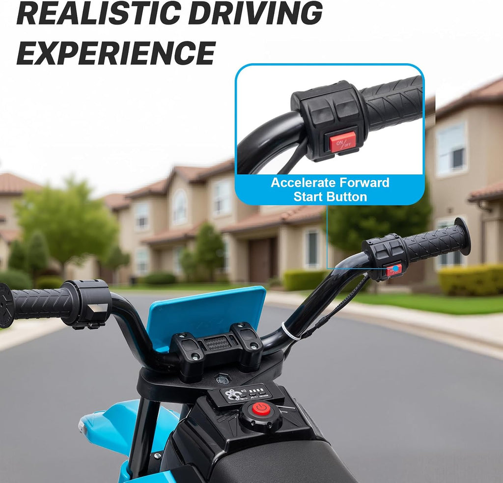 12V Kids Motorcycle w/Treaded Tires, 3.1mph Top Speed Electric Bike for Kids, Training Wheels, Music & Bluetooth, Spring Suspension, Age 3-8 Year Old, Bule