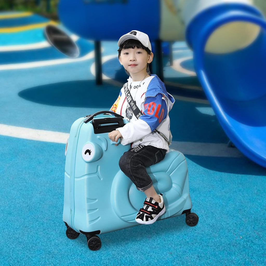 Blue 20-Inch Kids Ride-On Luggage with Spinner Wheels, Sit-On Carry-On Trolley Suitcase, Toddler Travel Trunk with Password Lock, Lightweight Cabin Case for Boys Girls, Under-Seat Size, Ride Box