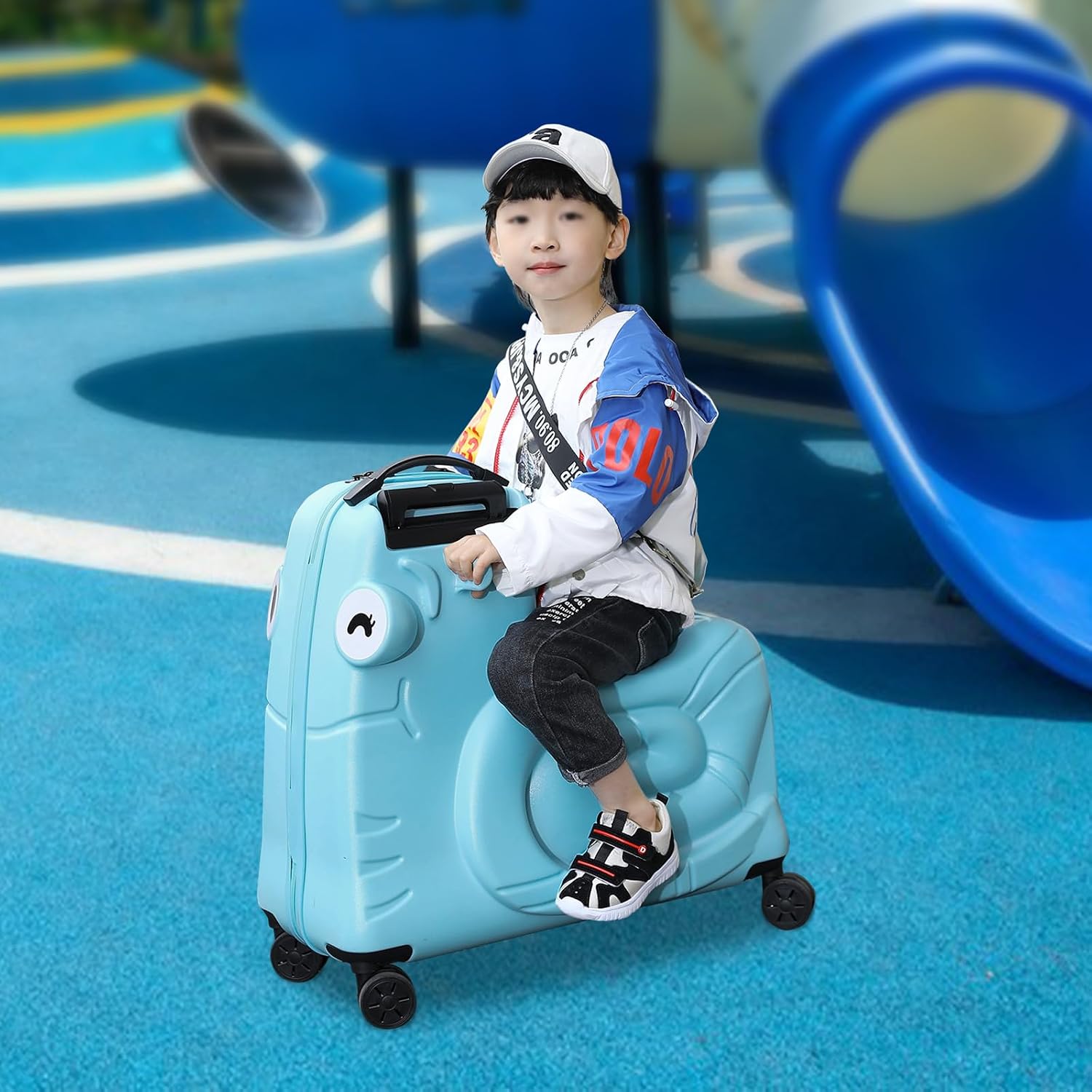 Blue 20-Inch Kids Ride-On Luggage with Spinner Wheels, Sit-On Carry-On Trolley Suitcase, Toddler Travel Trunk with Password Lock, Lightweight Cabin Case for Boys Girls, Under-Seat Size, Ride Box