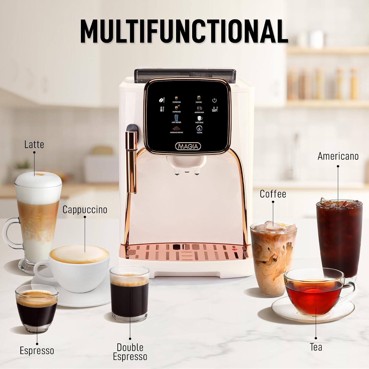 Zulay Kitchen Magia Clasica - Fully Automatic Espresso Machine With Grinder - Touch Screen Coffee Maker With One-Touch Operation - Milk Foam System For Latte, Cappuccino, Macchiato - Cream Copper