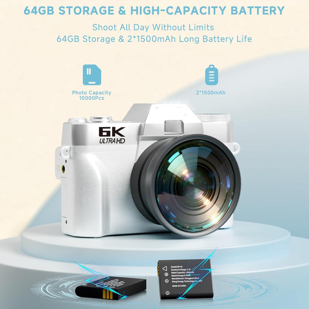 6K Digital Camera for Photography Autofocus, 2026 Upgraded WiFi Vlogging Camera for YouTube with 3' 180° Flip Screen 16X Zoom, 64GB SD Card & 2 Batteries Compact Travel Camera for Beginners Teens