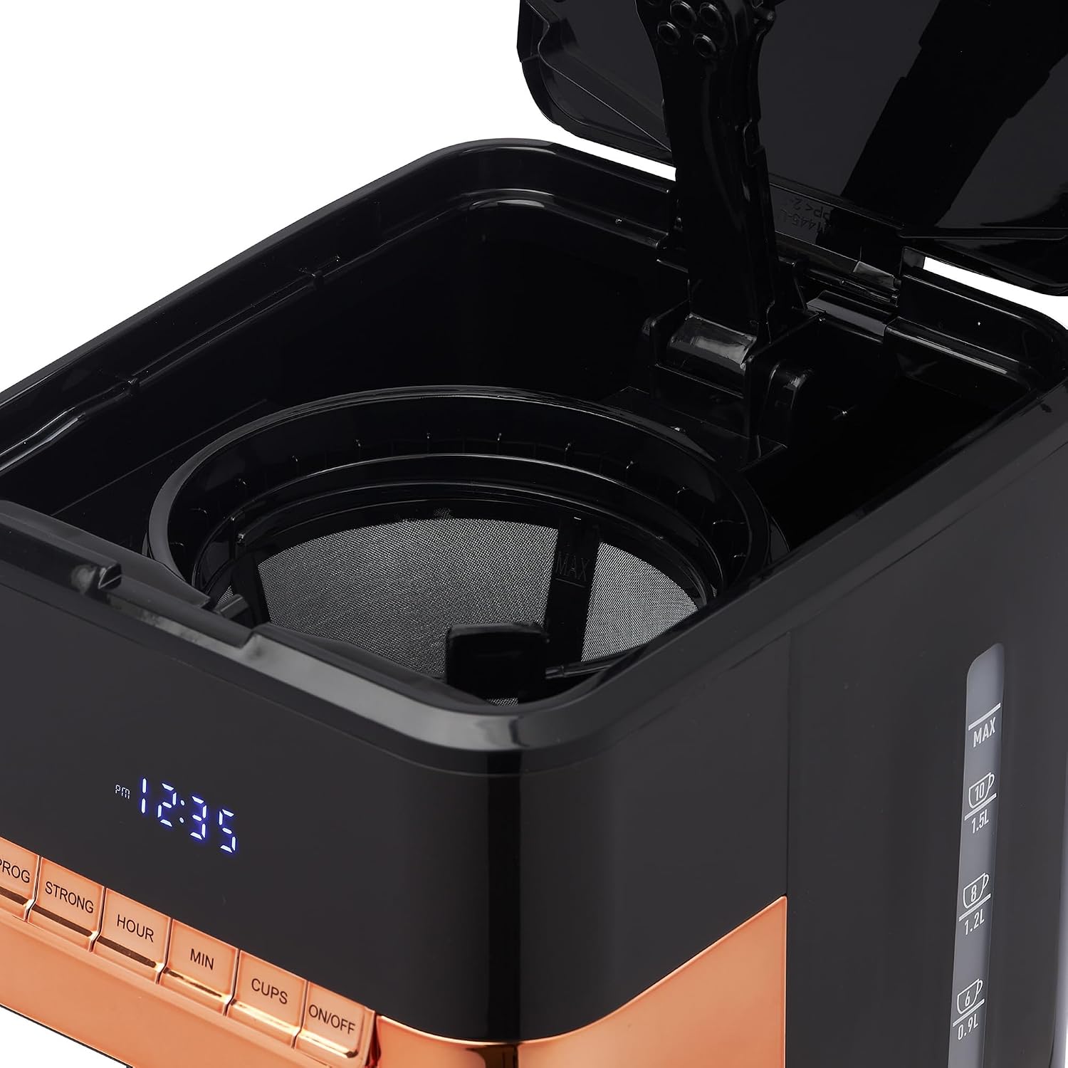 HADEN Quintessential 12 Cup Brew Coffee Maker, 120 Min Keep Warm, Delay Brew, Adjustable Strength, Programmable Clock, 30s Anti Drip, Black/Copper