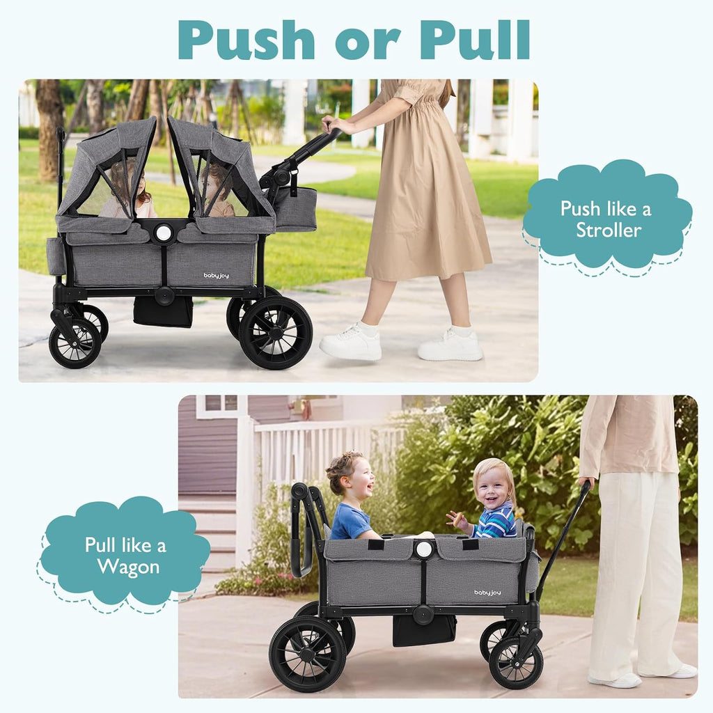 BABY JOY Wagon Stroller for 2 Kids, Collapsible Push Pull Double Stroller Wagon with Adjustable Handle Bar, Removable Canopy, Safety Harness, Cup Holder, Snack Tray & Storage Bag (Gray)