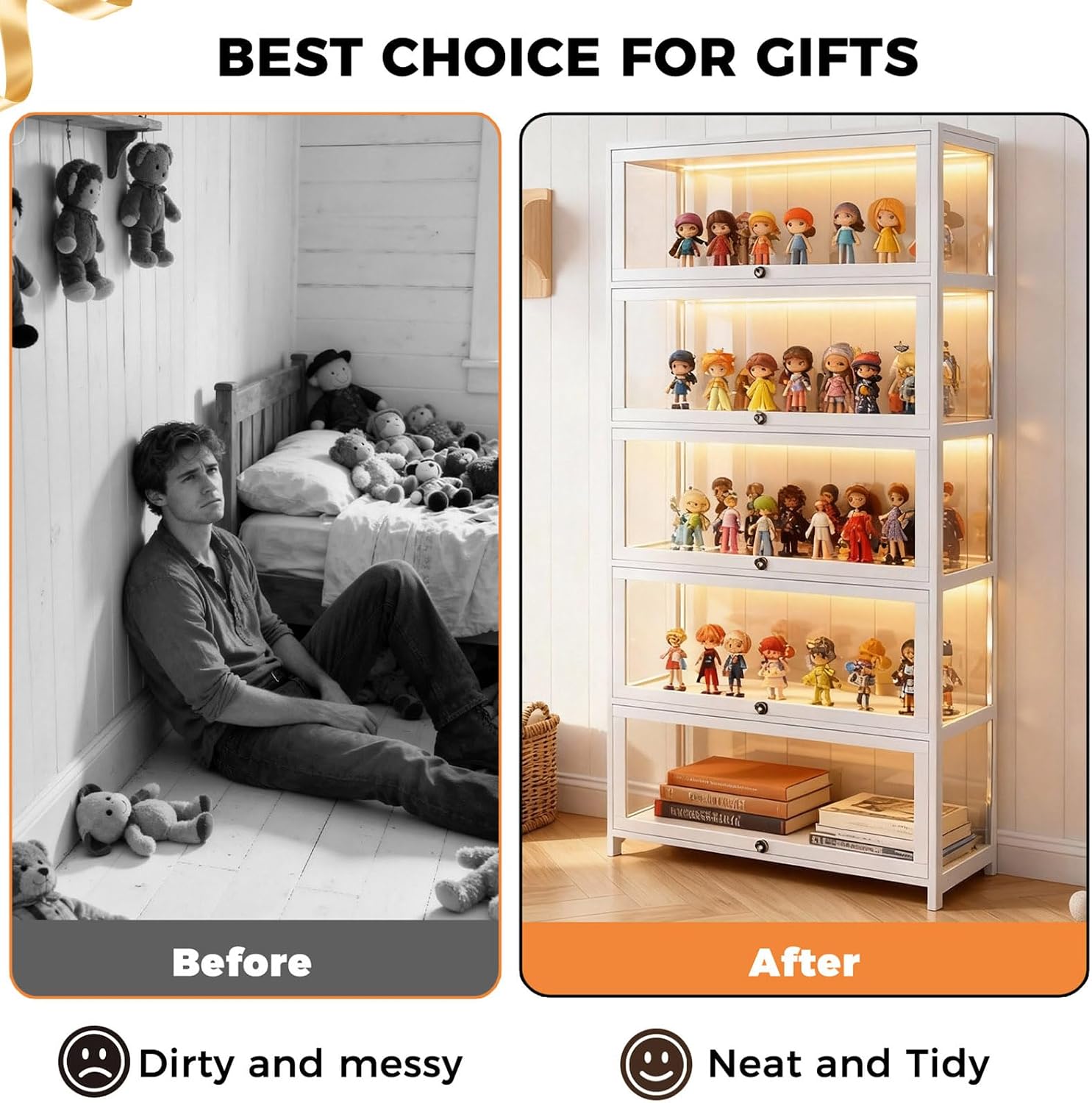 Display Cabinet with Acrylic Glass Doors 5-Tier Curio Cabinet - Collectibles Toy Organizers Rack & Display Shelf - Bookcase for Home Office Playroom Living Room Books Toys (White)