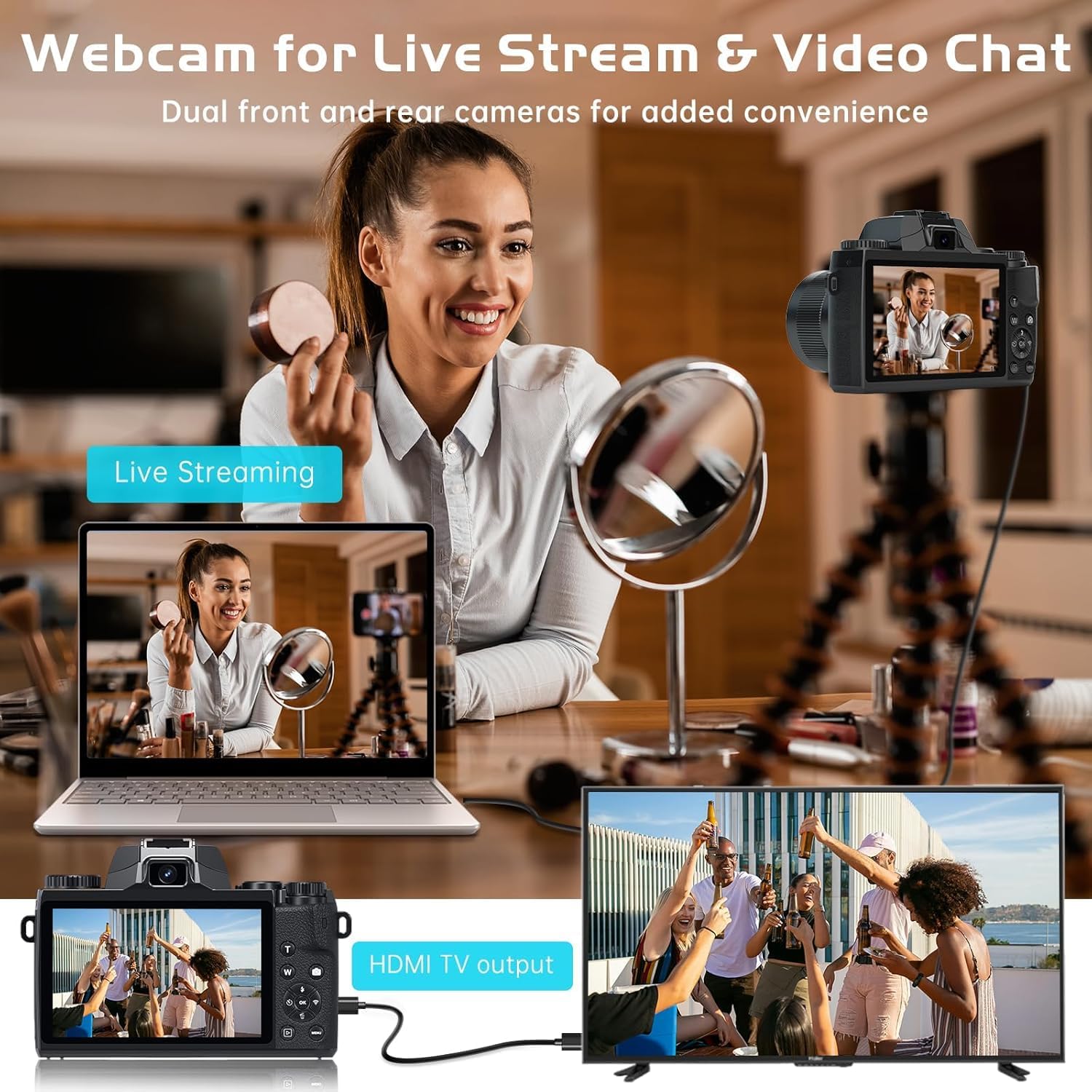 8K Digital Camera for Photography, WiFi & 4' Touch Screen Vlogging Camera for YouTube with Dual-Lens, 64MP Vlog Cameras 16X Digital Zoom with 32GB TF Card, 3000mAh Battery, Lens Hood, Black
