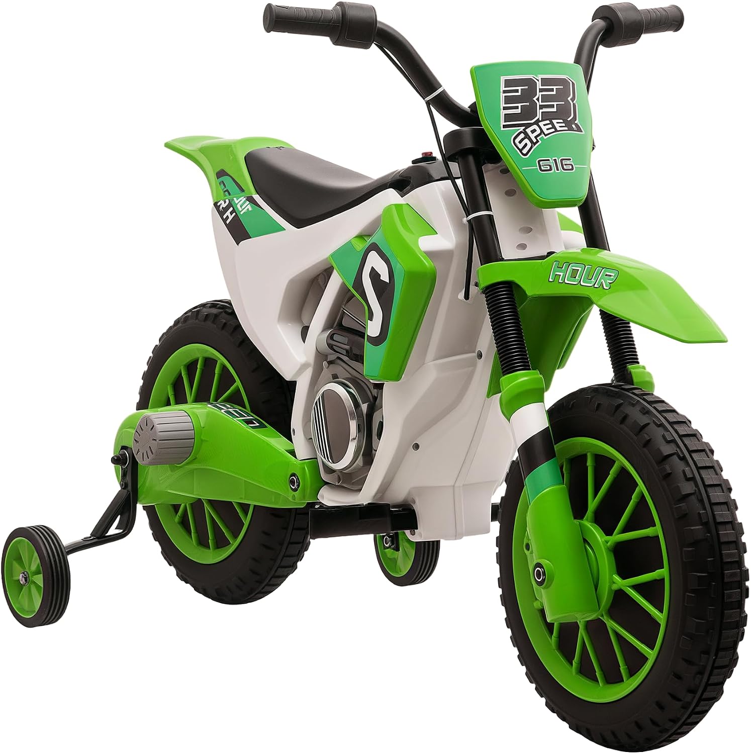 Aosom 12V Kids Motorcycle w/Treaded Tires, 5mph Top Speed Electric Bike for Kids, Ride On Motorcycle w/Training Wheels, Battery Charger, Spring Suspension, Green