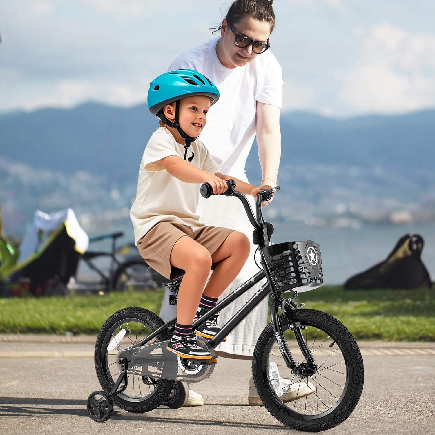 BABY JOY Starry Kids Bike, 12 14 16 18 Inch Bicycle with Training Wheels, Storage Basket, Adjustable Handlebar & Seat, Handbrake & Coaster Brake, Girls Boys Bike