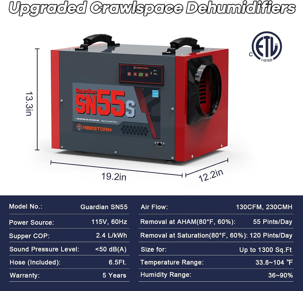 Abestorm Crawl Space Dehumidifier, 120 Pint Commercial Dehumidifiers for Basement, Industrial Dehumidifier with Drain Hose, Portable Dehumidifier Crawlspace, Auto Defrosting, 5 Years Limited Warranty