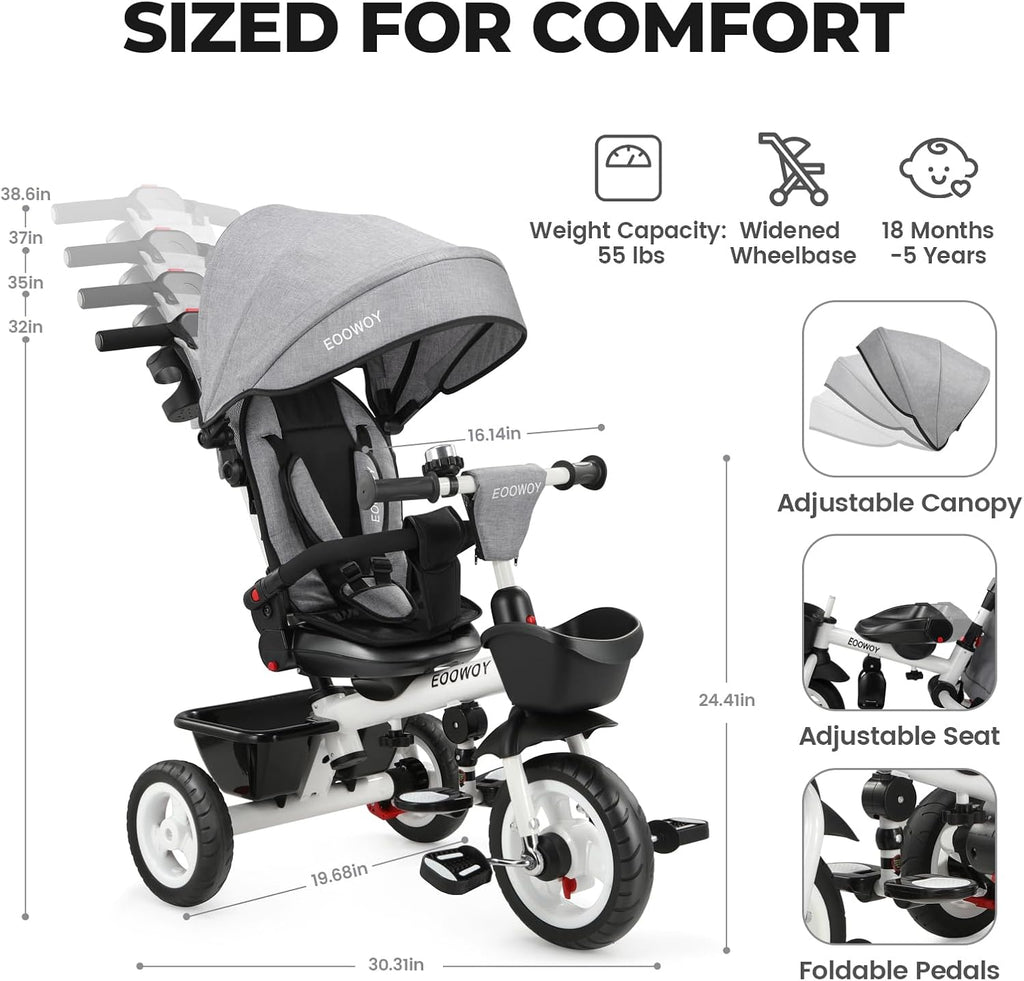 EOOWOY Toddler Tricycle with Push Handle, 7 in 1 Stroller Trike with 360° Swivel Seat, Reclining Backrest, All-Terrain Wheels, Dual Brakes, Canopy & Storage, Gift for Kids 18 Months to 5 Years, Gray