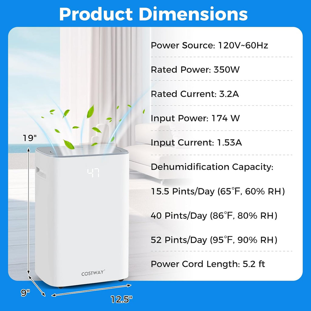 COSTWAY 52 Pint Energy Star Dehumidifier for Basement, 3.3 FT Drain Hose, Clothes Drying Modes, Auto Defrost, Child Lock & 24H Timer, Home Dehumidifier for Bedroom, Bathroom, Garage