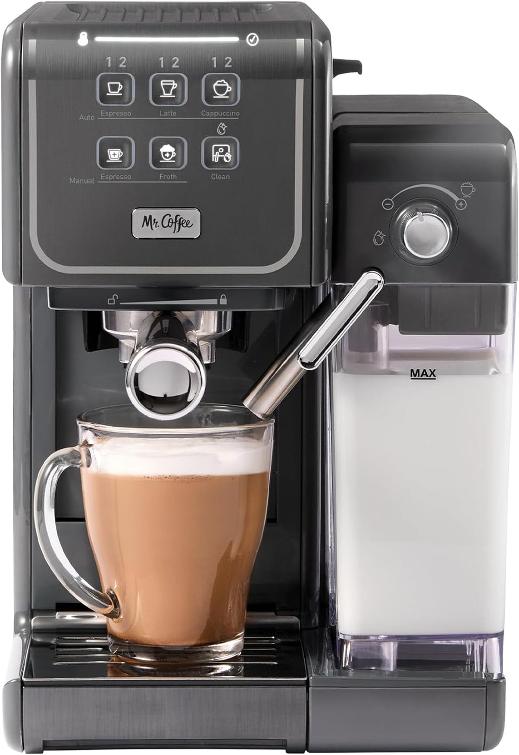 Mr. Coffee One-Touch CoffeeHouse+ Espresso, Cappuccino, and Latte Maker Home Coffee Machine with 19-Bar Italian Pump, and Milk Frother Ideal for Latte, Espresso, and Coffee Lovers