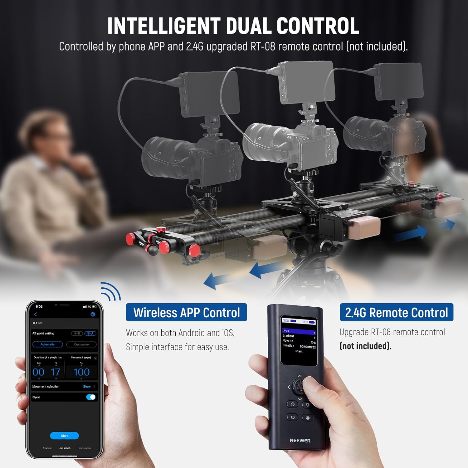 NEEWER 31.5'/80cm Motorized Camera Slider, App Wireless Control DSLR Carbon Fiber Dolly Rail Slider with 4400mAh F750 Battery (Charger Not Included), Support Video Mode, Time Lapse Photography, ER1-80