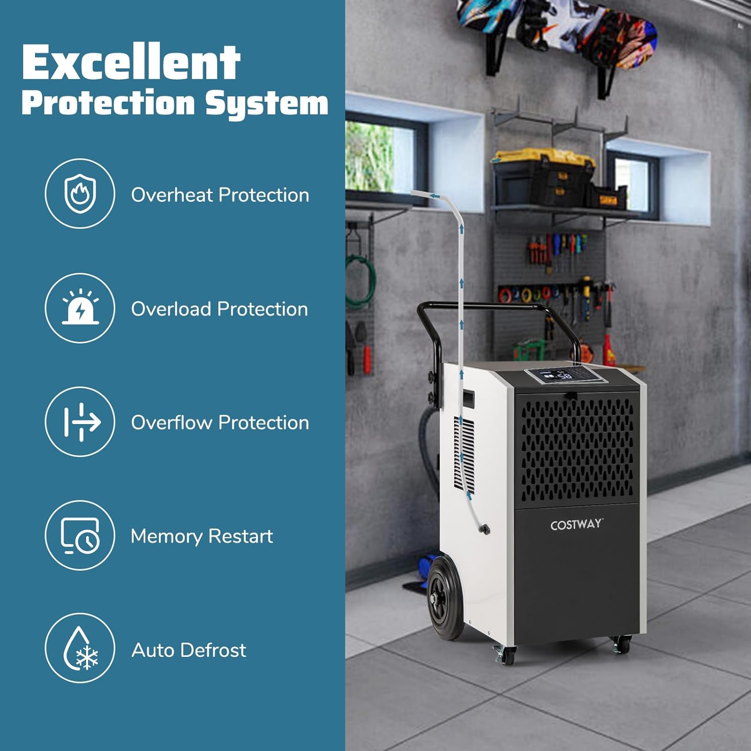 COSTWAY 154 Pints Commercial Dehumidifier with Pump, Portable Industrial Heavy Duty Large Dehumidifier with Drain Hoses for Basements, Job Sites (White)