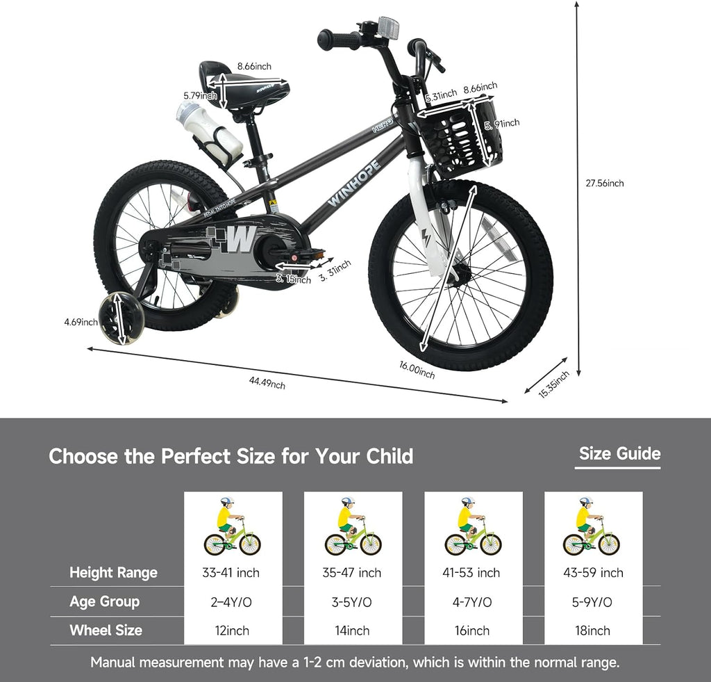 WinHope Kids Bike, 12 14 16 18 Inch Toddler Bicycle with Light Up Training Wheels and Dual Brakes, Children Bike for Beginner with Adjustable Seat and Headlebar for Boys Girls 2-9, Multiple Colors