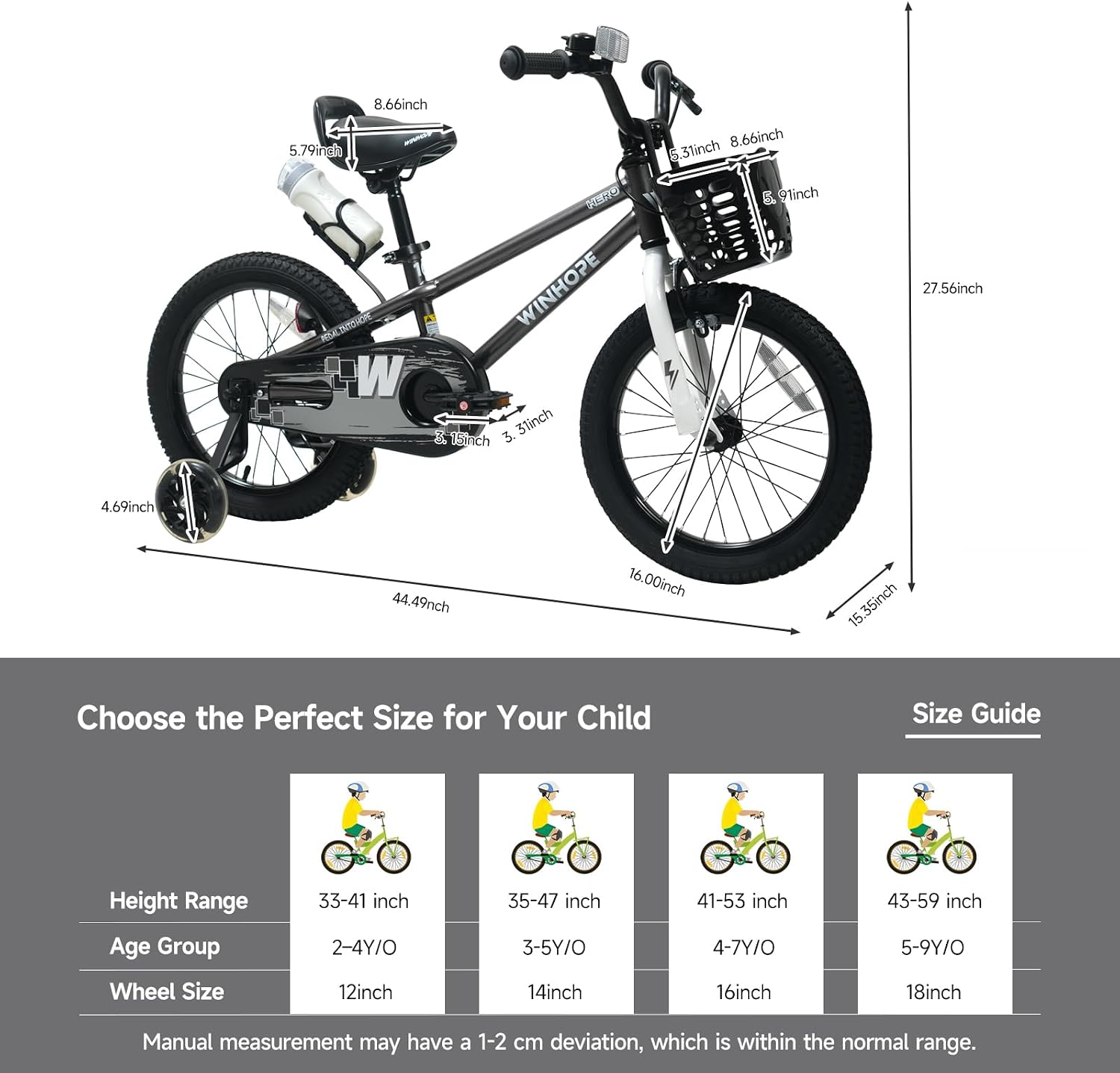 WinHope Kids Bike, 12 14 16 18 Inch Toddler Bicycle with Light Up Training Wheels and Dual Brakes, Children Bike for Beginner with Adjustable Seat and Headlebar for Boys Girls 2-9, Multiple Colors