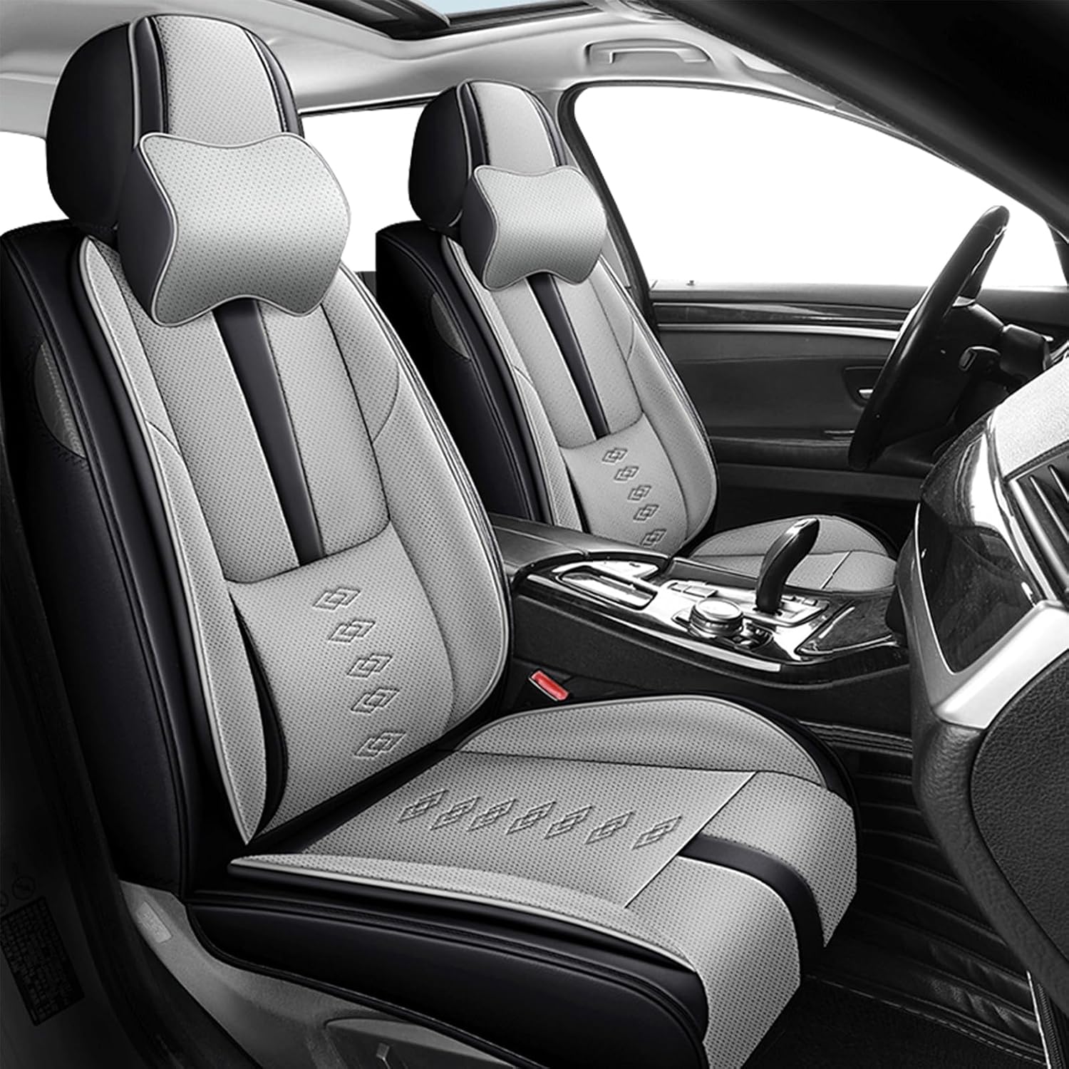Premium Leather Seat Covers for Nissan 370Z 2009-2020,Car Seat Covers Front Set,Waterproof Car Seat Protectors with Airbag,Comfort Interior Cover Seats for Cars(Black+Grey,Pillows)