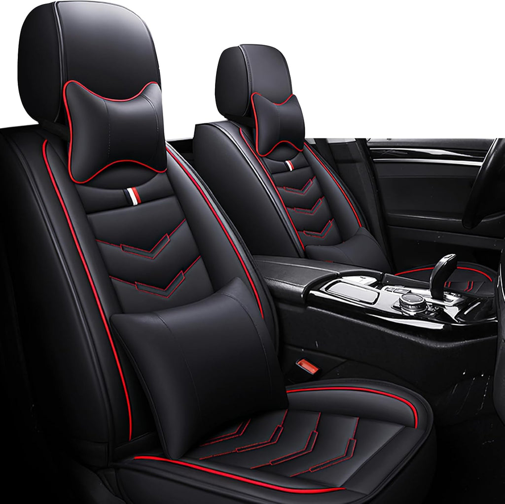 Car Seat Covers Fit for Buick Enclave 2008-2025, Leather Seat Covers for Car, Waterproof Non-Slip Durable Car Seat Protector(2 Seats with Pillow,Black Red)
