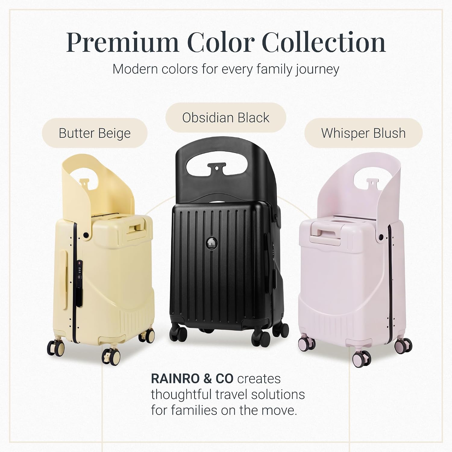 RAINRO & CO Obsidian Black 20' Ride-On Suitcase for Kids (Ages 3–5), Carry-On Luggage with Seat, Spinner Wheels, TSA Lock & Lightweight Durable Hardshell